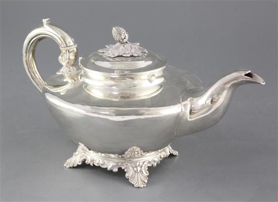 A William IV silver pear shaped teapot by Pearce & Burrows, gross 22 oz.